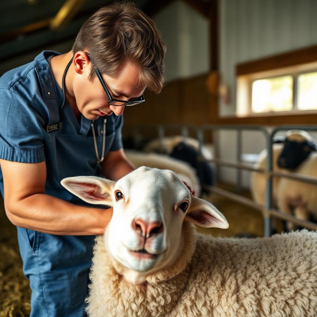 Tierarzt untersucht ein Schaf im Stall auf Symptome der Blauzungenkrankheit