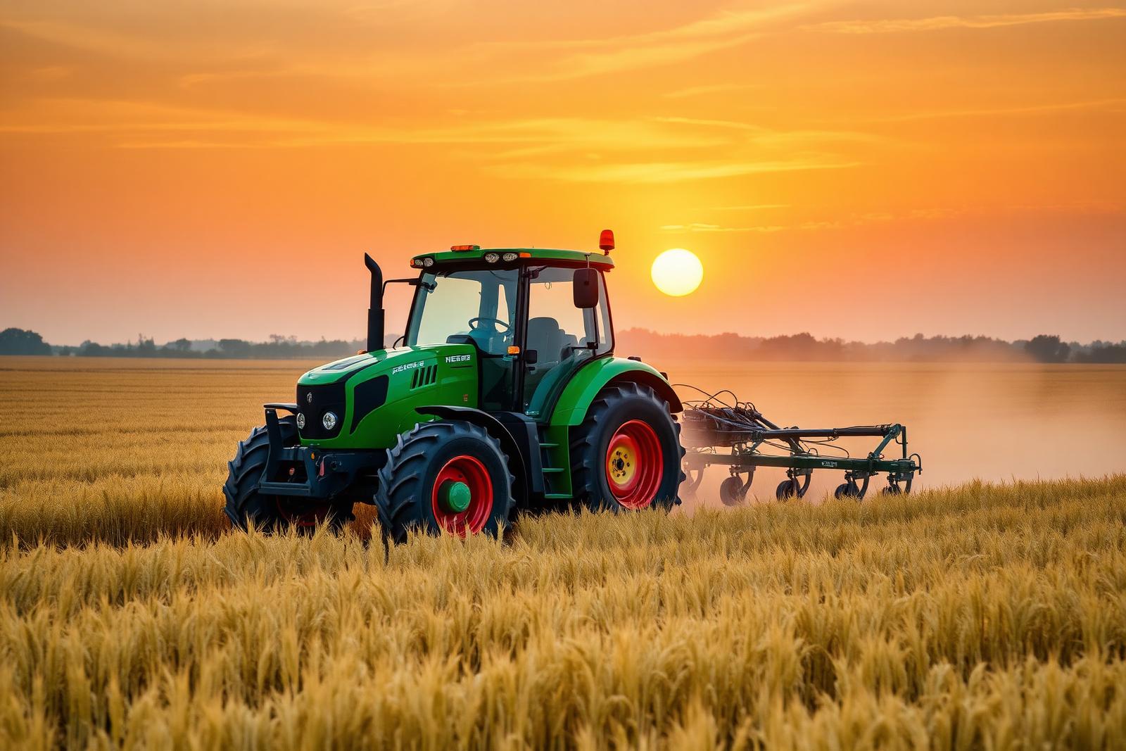 Traktor mit Pflug im Sonnenuntergang auf dem Feld