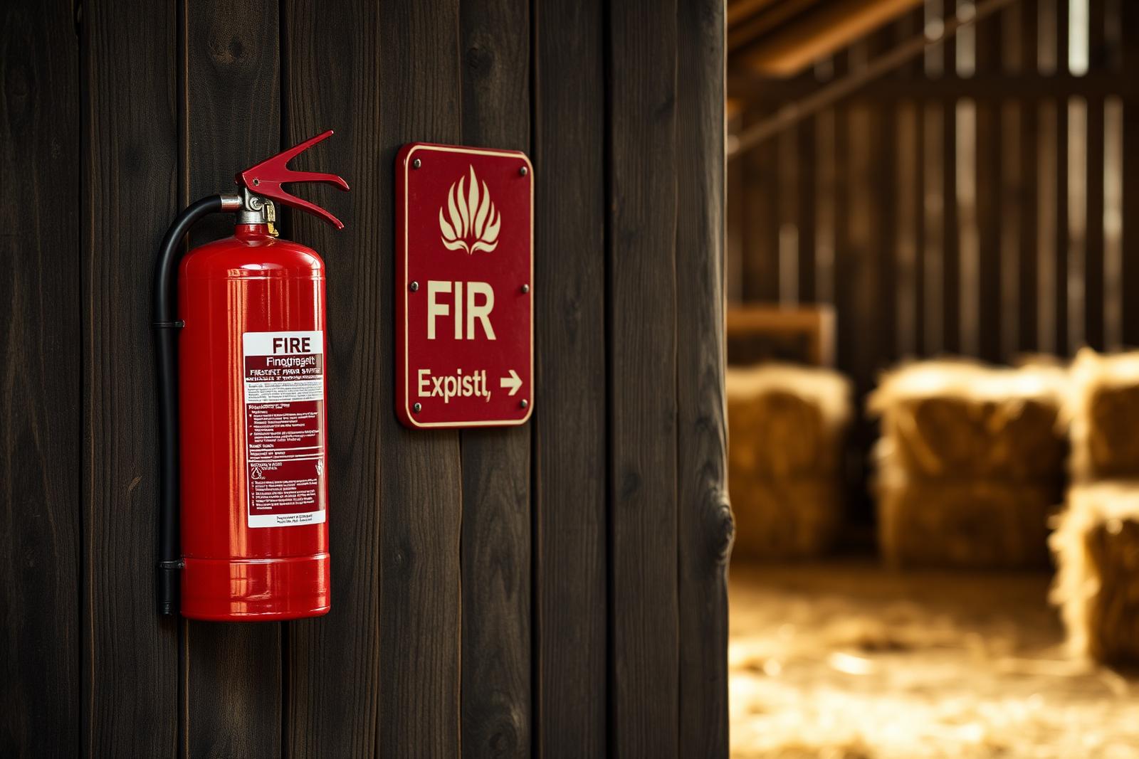 Roter Feuerlöscher an einer Stallwand